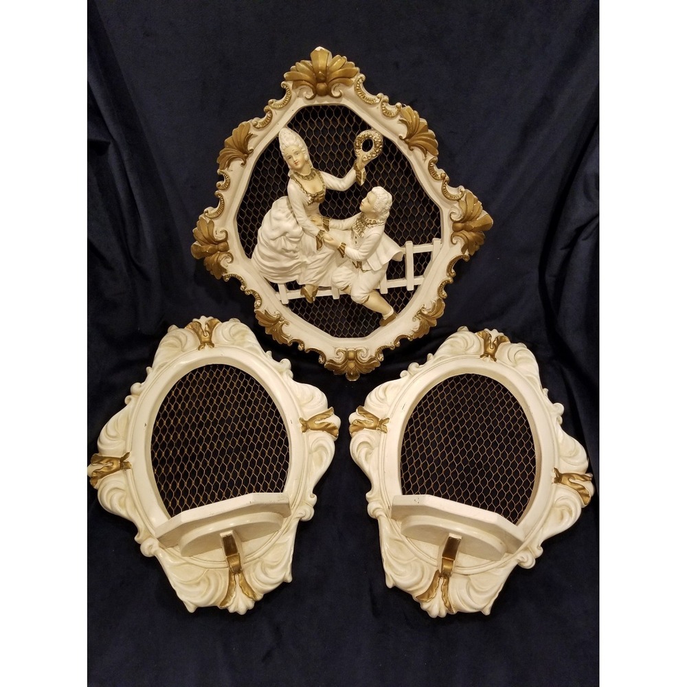 3 Vintage/Antique Victorian Couple Chalkware Sconces Hanging Shelves Plaque